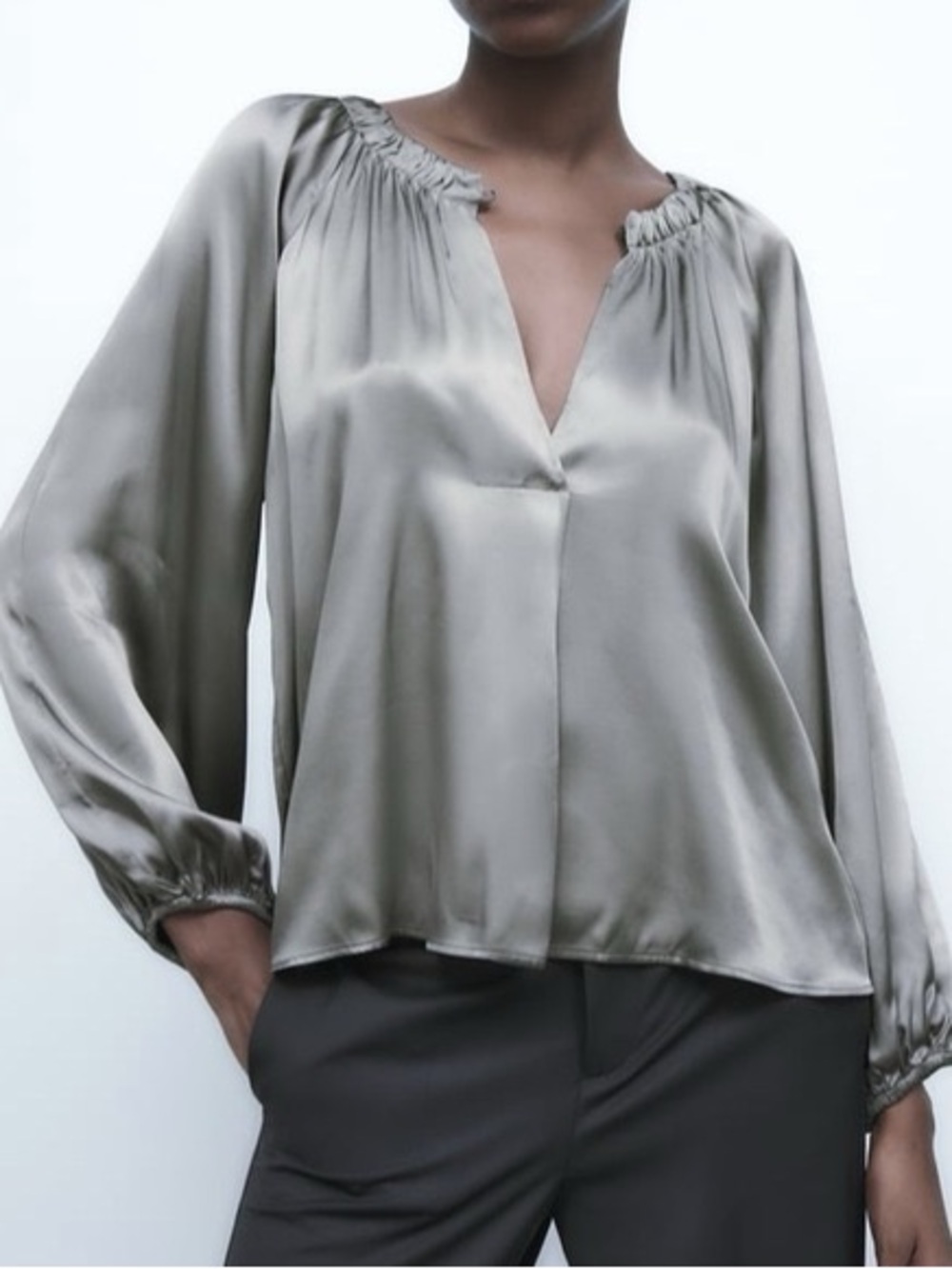 ANTONIO MELANI Silver Satin V-Neck Gathered Blouse